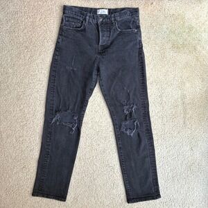 Free People High Waisted Black Distressed Straight Leg Jeans Womens Size 26